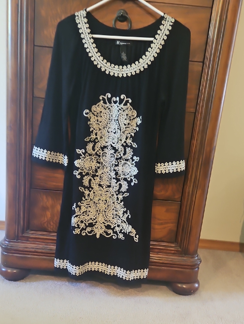 INC International Concepts Black Long-Sleeve Dress with Ivory Embroidery